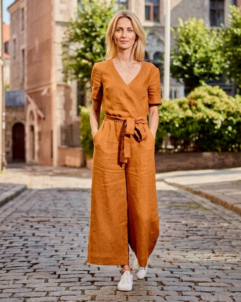 Lniany Kombinezon Damski z Dekoltem V | Krótki Rękaw i Wiązanie