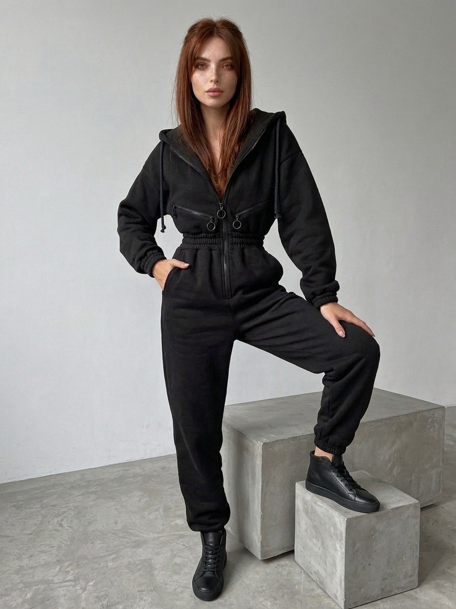 Bawełniany Kombinezon Damski z Kapturem | Luźny Krój, Komfortowy Dres