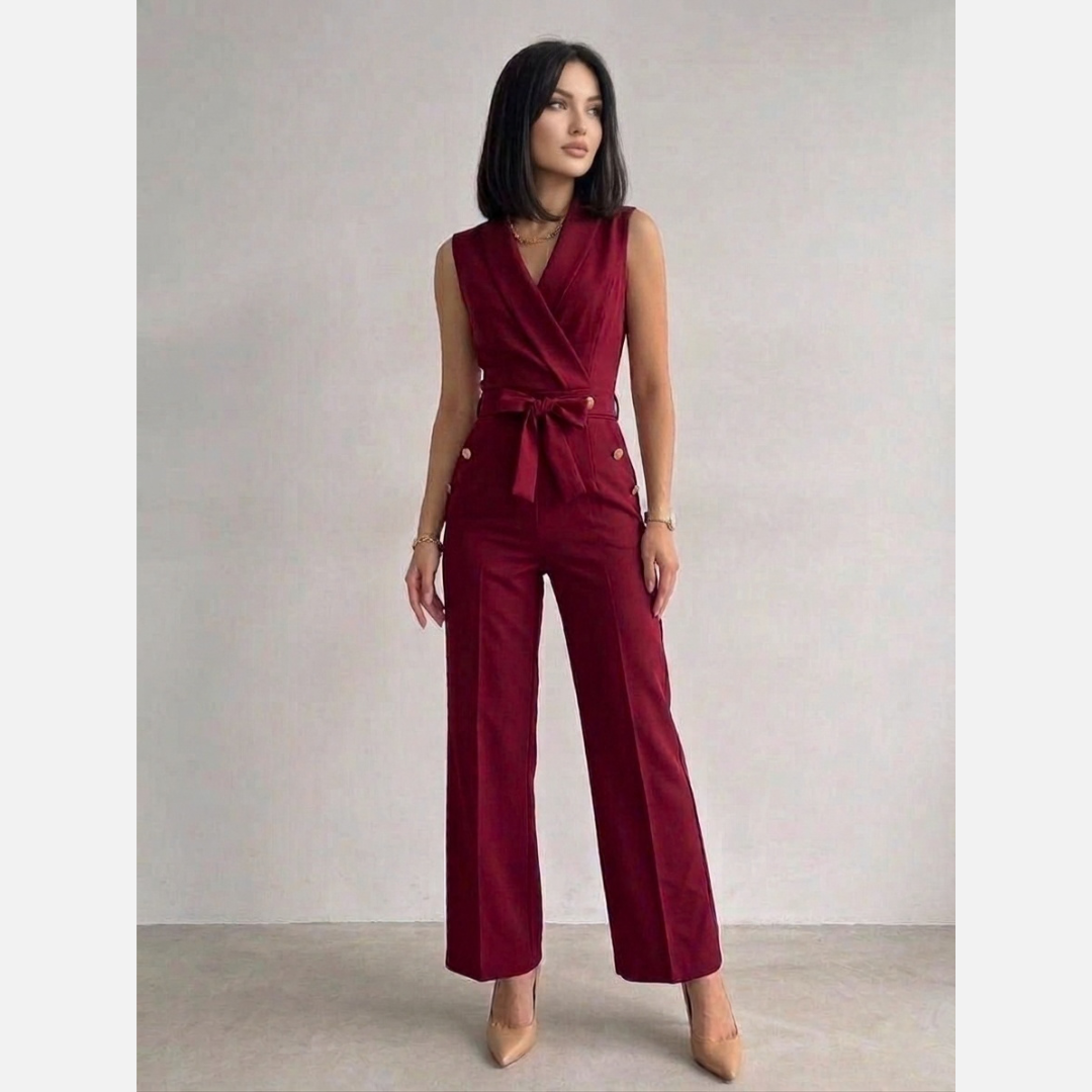 Elegancki Kombinezon Damski z Dekoltem V | Dopasowany Krój i Wiązanie