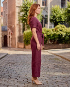 Lniany Kombinezon Damski z Dekoltem V | Krótki Rękaw i Wiązanie