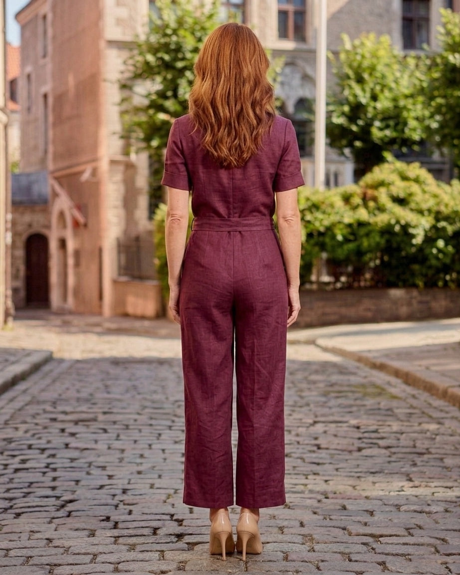 Lniany Kombinezon Damski z Dekoltem V | Krótki Rękaw i Wiązanie