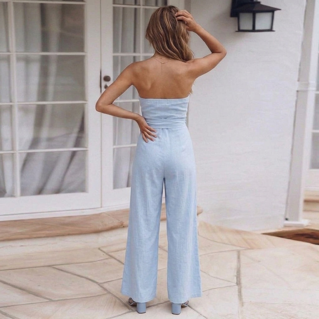 Elegancki Kombinezon Damski bez Ramiączek | Szerokie Nogawki i Wiązanie w Pasie