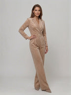 Elegancki Kombinezon Wieczorowy z Kołnierzem | Szerokie Nogawki i Pasek