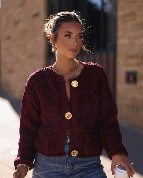 Bordowa damska kardigan-Cardigan-Moda Perla