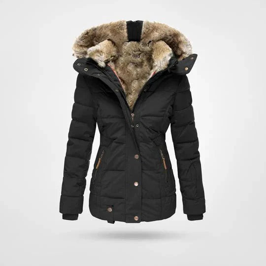 Damska Kurtka Puchowa z Sztucznym Futrem na Zimę-Women's Winter Jacket-Moda Perla-Czarny-S-Moda Perla