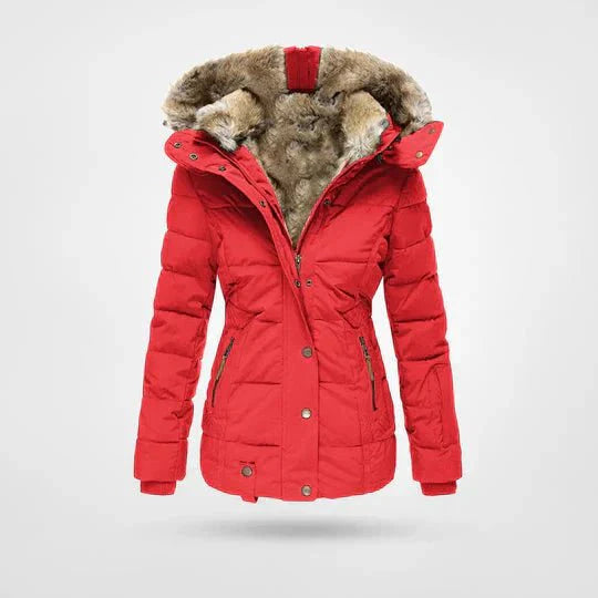Damska Kurtka Puchowa z Sztucznym Futrem na Zimę-Women's Winter Jacket-Moda Perla-Czerwony-S-Moda Perla