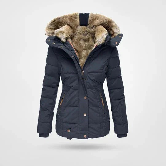 Damska Kurtka Puchowa z Sztucznym Futrem na Zimę-Women's Winter Jacket-Moda Perla-Granatowy-S-Moda Perla
