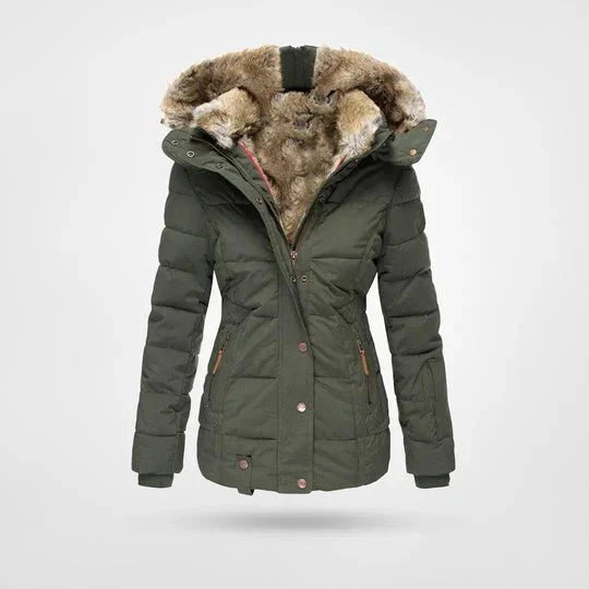Damska Kurtka Puchowa z Sztucznym Futrem na Zimę-Women's Winter Jacket-Moda Perla-Zielony-S-Moda Perla