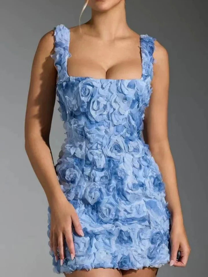 Damska Kwiatowa Mini Sukienka z Gorsetem-Mini Dress-Mason Luxor Men Fashion-Niebieski-S-Moda Perla