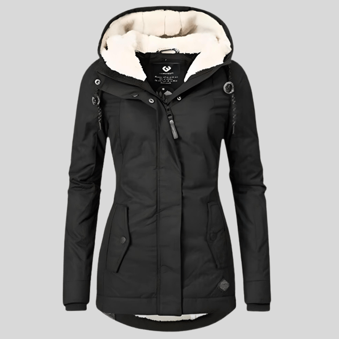 Damska Parka z Fleece'owym Wnętrzem -Zimowa Kurtka-Women's Jacket-Moda Perla-Czarny-S-Moda Perla
