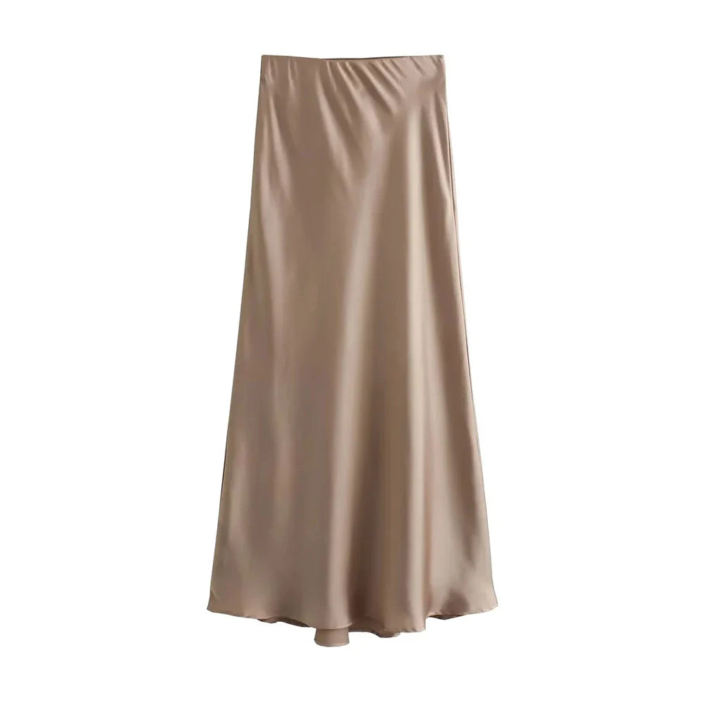 Elegancka Satynowa Spódnica Midi dla Kobiet-Skirts-Moda Perla-Khaki-XS-Moda Perla