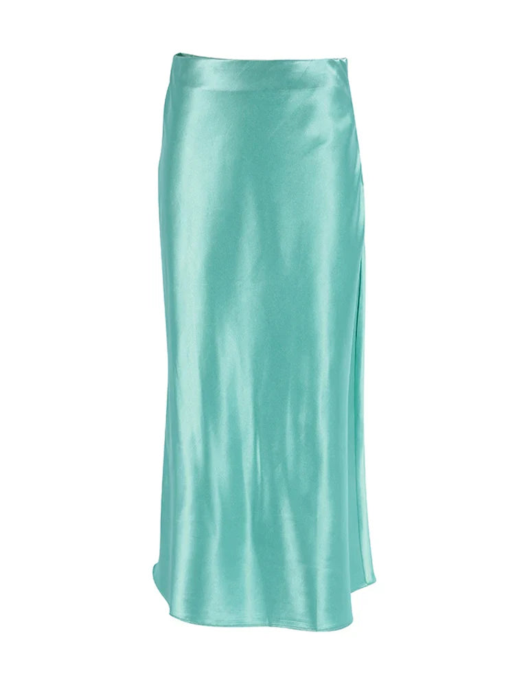 Elegancka Satynowa Spódnica Midi dla Kobiet-skirts-Moda Perla-Aqua-S-Moda Perla