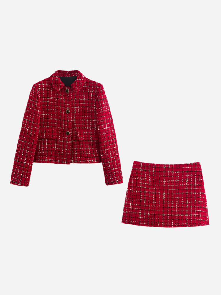 Elegancki Zestaw Tweedowy: Żakiet i Spódnica na Każdą Okazję-Sets-Czerwony-XS-Moda Perla