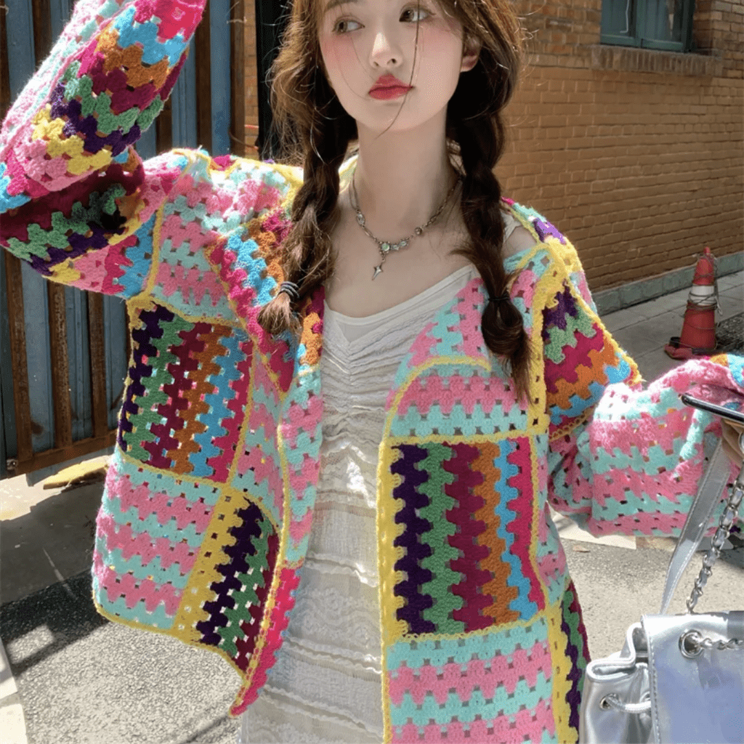 Kardigan Damski z Szydełkowym Haftem w Stylu Boho-Cardigan-Moda Perla-Moda Perla