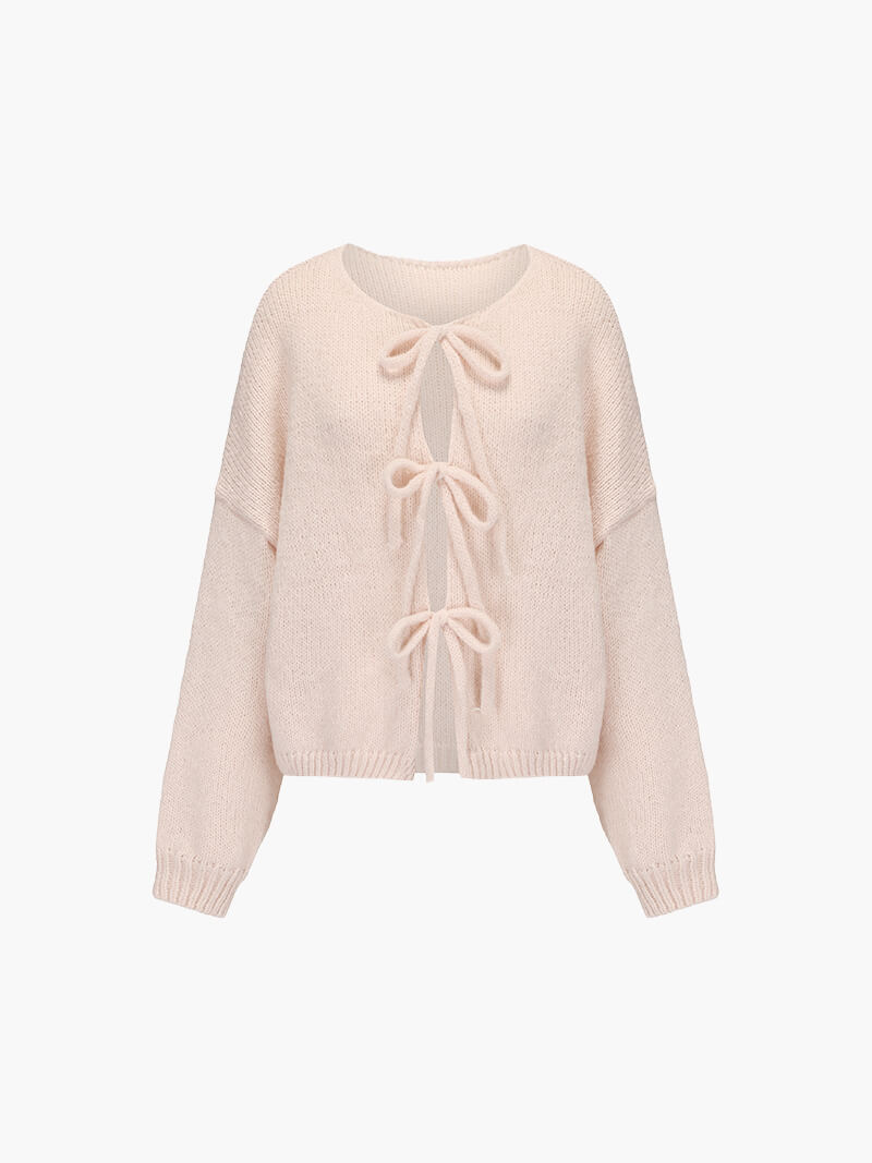 Kardigan z detalami w formie kokardek-Cardigan-Kremowy-S-Moda Perla