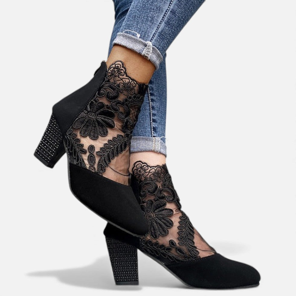 Kora Damskie Botki | Koronkowe Wykończenie, Obcas Słupkowy 1