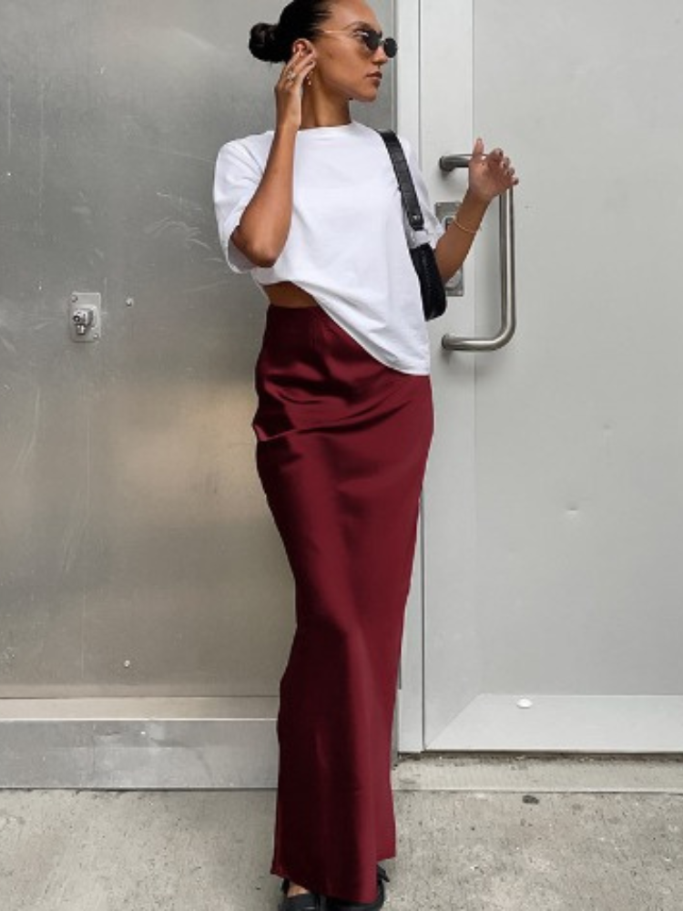 Luksusowa Satynowa Spódnica Maxi dla Kobiet-Skirts-Moda Perla-Bordowy-S-Moda Perla