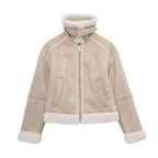 Luksusowa damska kurtka aviator ze sztucznym futrem – ciepła beżowa kurtka zimowa z zamkiem i kołnierzem-Jackets-Beżowy-XS-Moda Perla