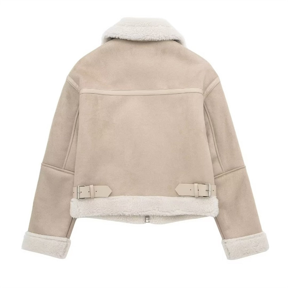 Luksusowa damska kurtka aviator ze sztucznym futrem – ciepła beżowa kurtka zimowa z zamkiem i kołnierzem-Jackets-Beżowy-XS-Moda Perla