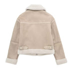 Luksusowa damska kurtka aviator ze sztucznym futrem – ciepła beżowa kurtka zimowa z zamkiem i kołnierzem-Jackets-Beżowy-XS-Moda Perla