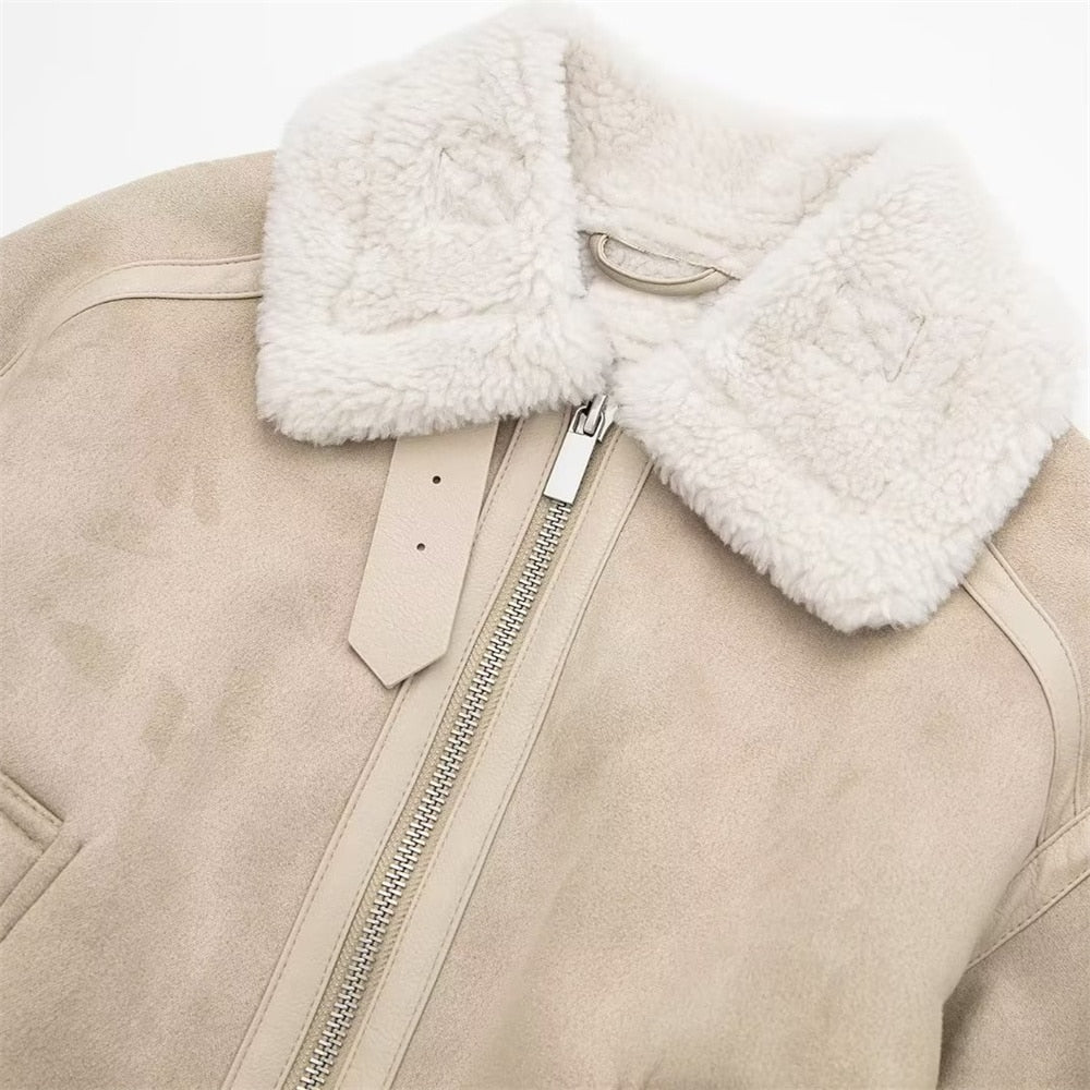 Luksusowa damska kurtka aviator ze sztucznym futrem – ciepła beżowa kurtka zimowa z zamkiem i kołnierzem-Jackets-Beżowy-XS-Moda Perla