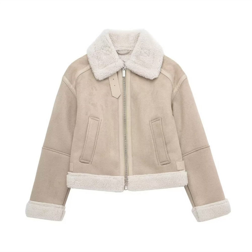 Luksusowa damska kurtka aviator ze sztucznym futrem – ciepła beżowa kurtka zimowa z zamkiem i kołnierzem-Jackets-Beżowy-XS-Moda Perla