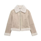 Luksusowa damska kurtka aviator ze sztucznym futrem – ciepła beżowa kurtka zimowa z zamkiem i kołnierzem-Jackets-Beżowy-XS-Moda Perla