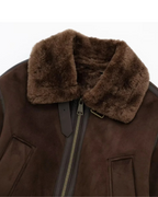 Luksusowa damska kurtka bomberka z kołnierzem ze sztucznego futra – ciepła krótka kurtka w kolorze ciemnobrązowym-Jackets-Ciemnobrązowy-XS-Moda Perla