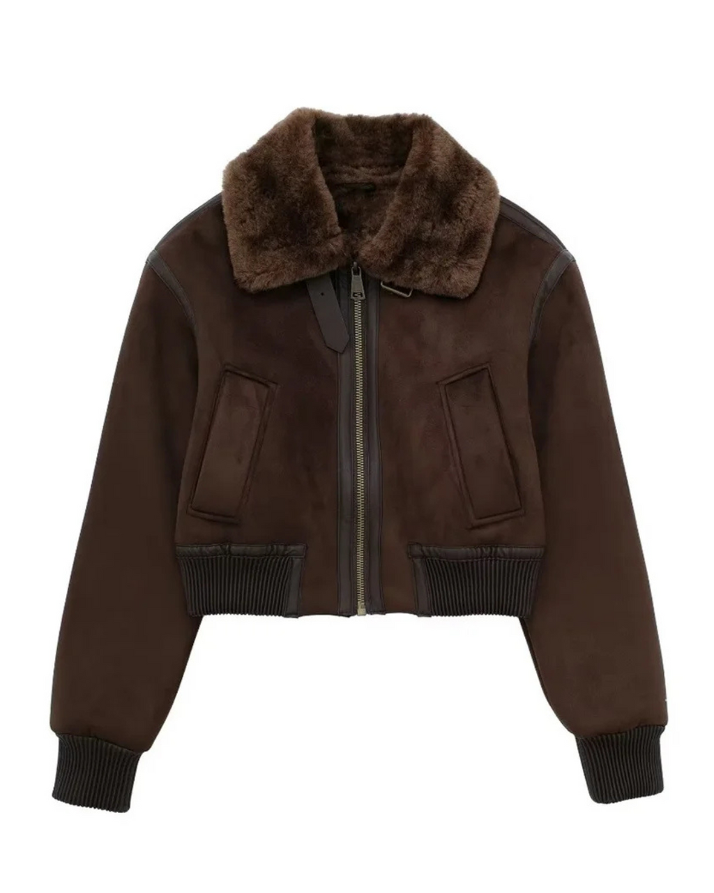 Luksusowa damska kurtka bomberka z kołnierzem ze sztucznego futra – ciepła krótka kurtka w kolorze ciemnobrązowym-Jackets-Ciemnobrązowy-XS-Moda Perla