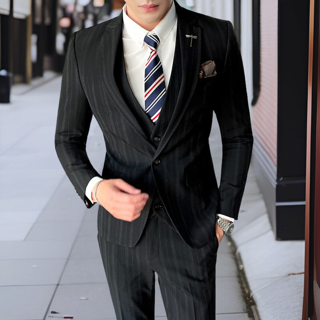 Męski Garnitur Pasiasty | Elegancki Trzyczęściowy Krój, Slim Fit 2