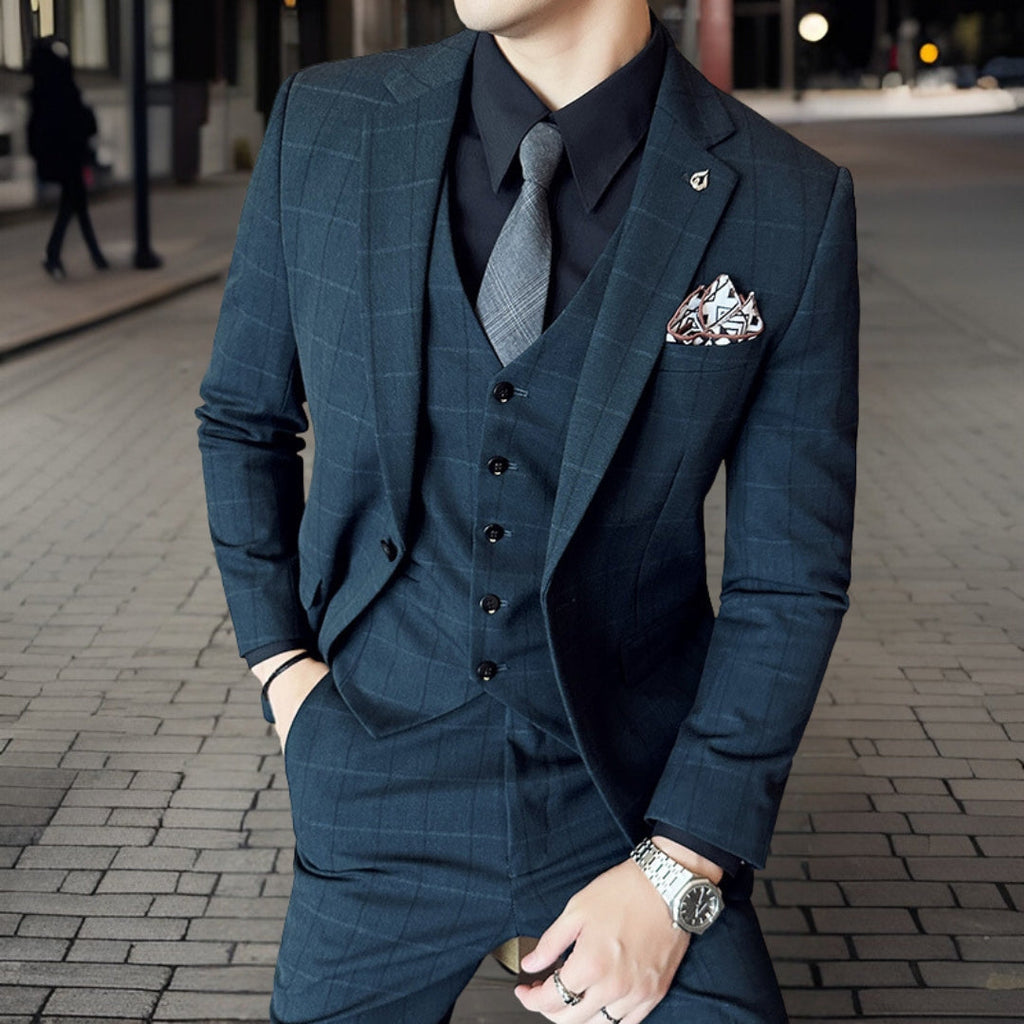 Męski Garnitur Trzyczęściowy | Klasyczny Granatowy, Wysokiej Jakości Materiały 1