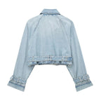 Modna damska krótka kurtka jeansowa z paskiem – jasnoniebieska katana z długim rękawem-Jackets-Jasnoniebieski-XS-Moda Perla