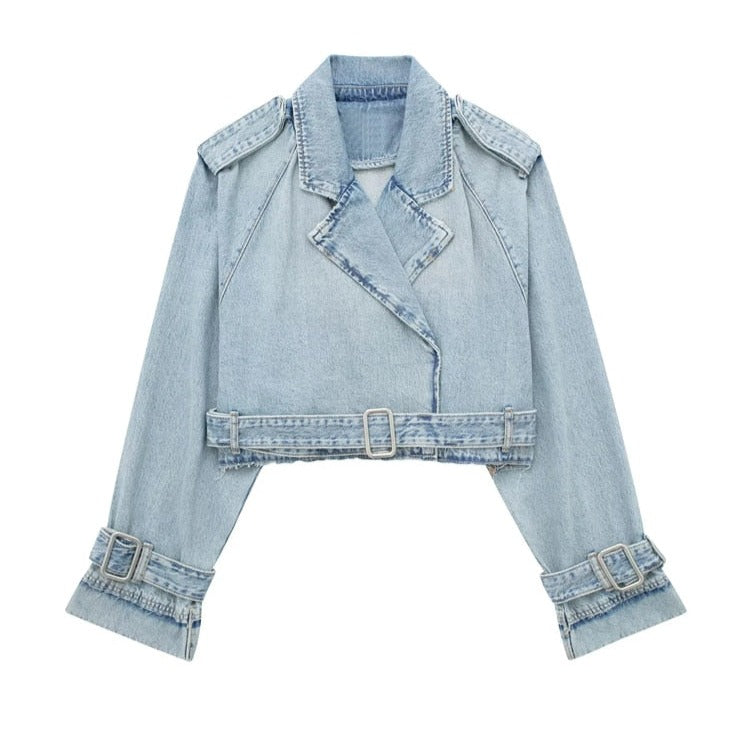 Modna damska krótka kurtka jeansowa z paskiem – jasnoniebieska katana z długim rękawem-Jackets-Jasnoniebieski-XS-Moda Perla