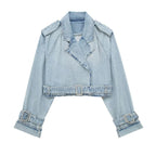 Modna damska krótka kurtka jeansowa z paskiem – jasnoniebieska katana z długim rękawem-Jackets-Jasnoniebieski-XS-Moda Perla