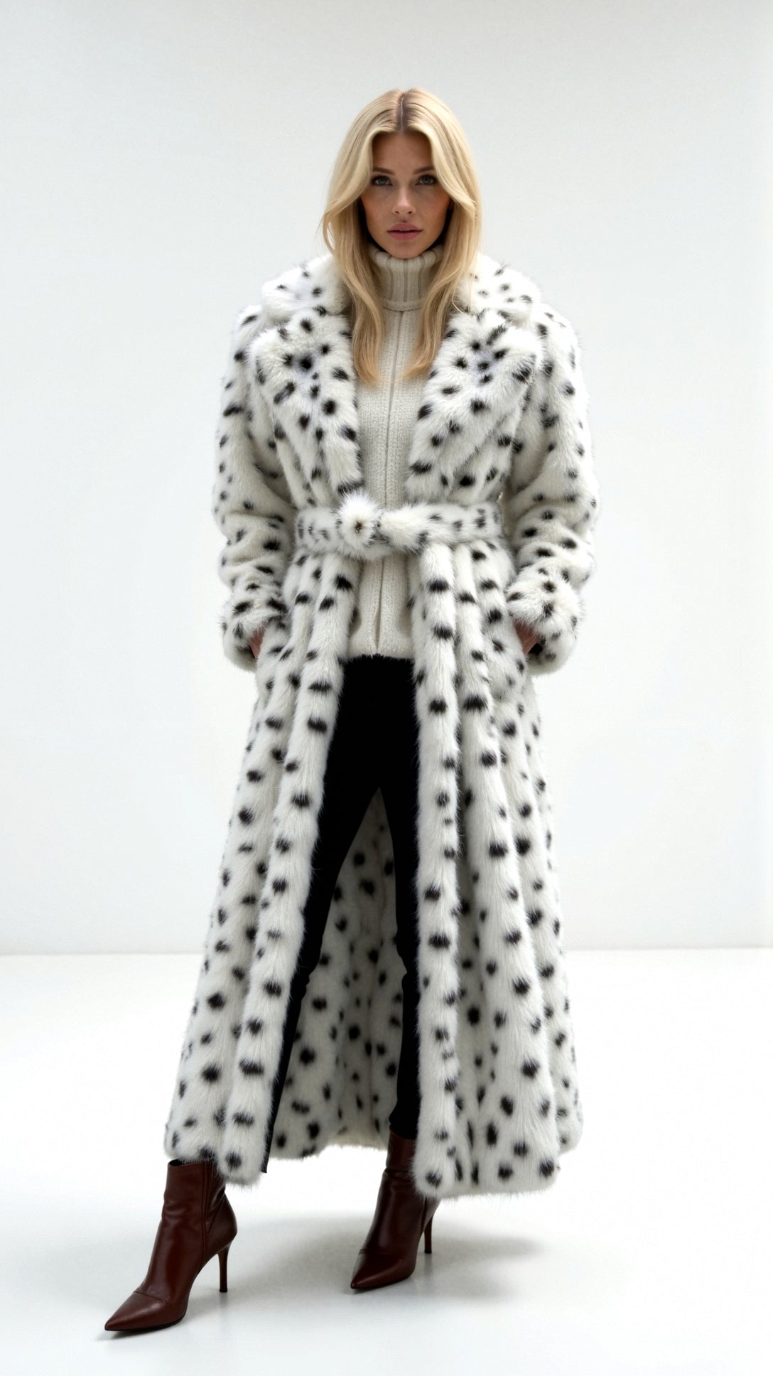 Oversize Długa Kurtka z Cętki Lamparta z Sztucznego Futra i Kołnierzem - Zimowa Kurtka Damska-Jackets-Moda Perla-Biały-S-Moda Perla