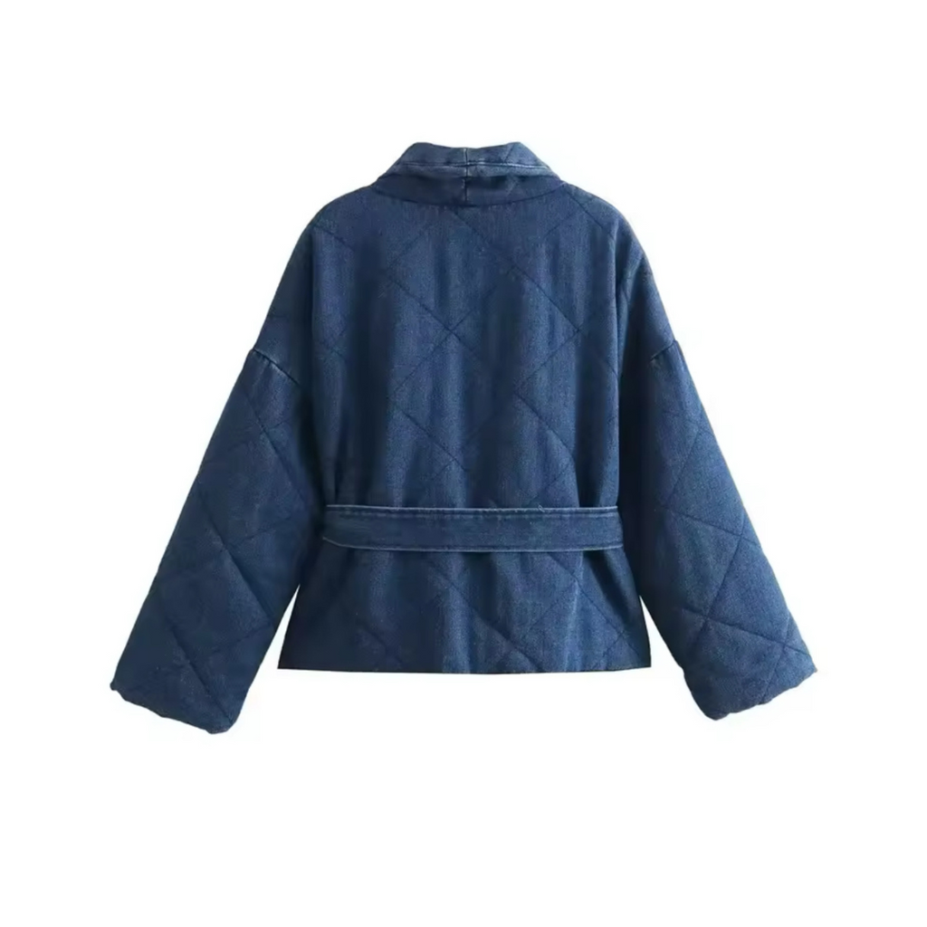 Pikowany damski płaszcz kimono z paskiem wiązanym – ciepły krótki płaszcz-Jackets-Ciemnoniebieski-S-Moda Perla