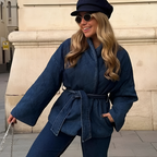 Pikowany damski płaszcz kimono z paskiem wiązanym – ciepły krótki płaszcz-Jackets-Ciemnoniebieski-S-Moda Perla