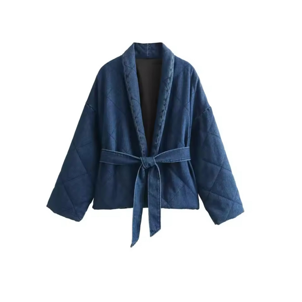 Pikowany damski płaszcz kimono z paskiem wiązanym – ciepły krótki płaszcz-Jackets-Ciemnoniebieski-S-Moda Perla