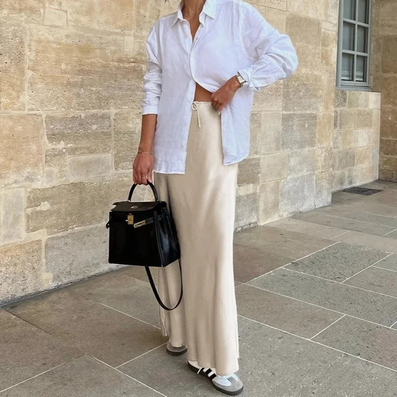 Satynowa Spódnica Maxi z Wysokim Stanem z Jedwabiu Ice-skirts-Moda Perla-Moda Perla