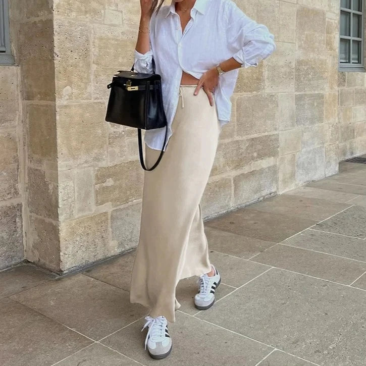 Satynowa Spódnica Maxi z Wysokim Stanem z Jedwabiu Ice-skirts-Moda Perla-Moda Perla