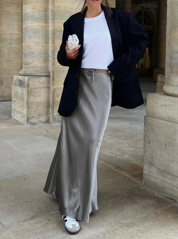 Satynowa Spódnica Maxi z Wysokim Stanem z Jedwabiu Ice-skirts-Moda Perla-Moda Perla