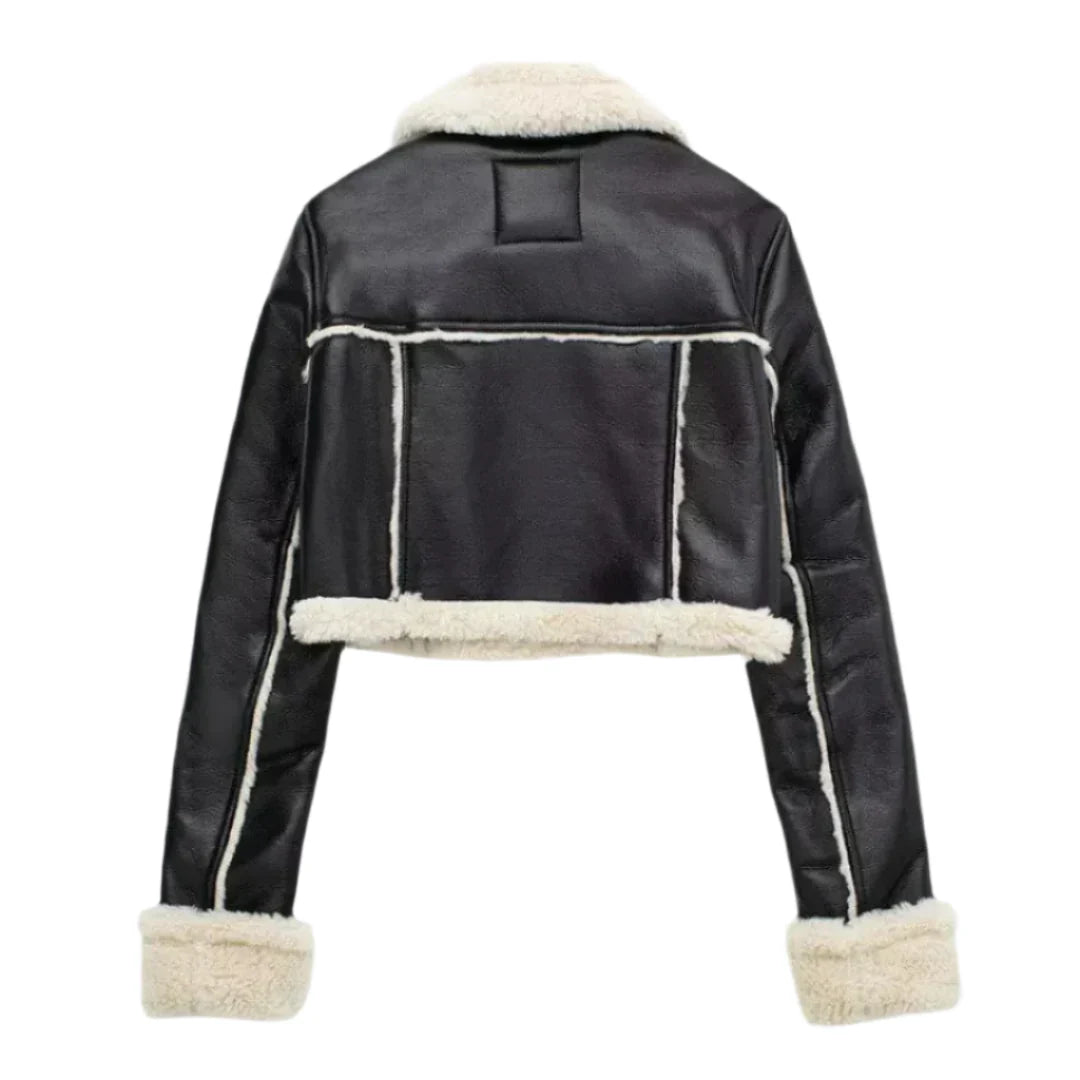 Skórzana kurtka z futrzanym kołnierzem – elegancka i ciepła-Jackets-Moda Perla-Moda Perla