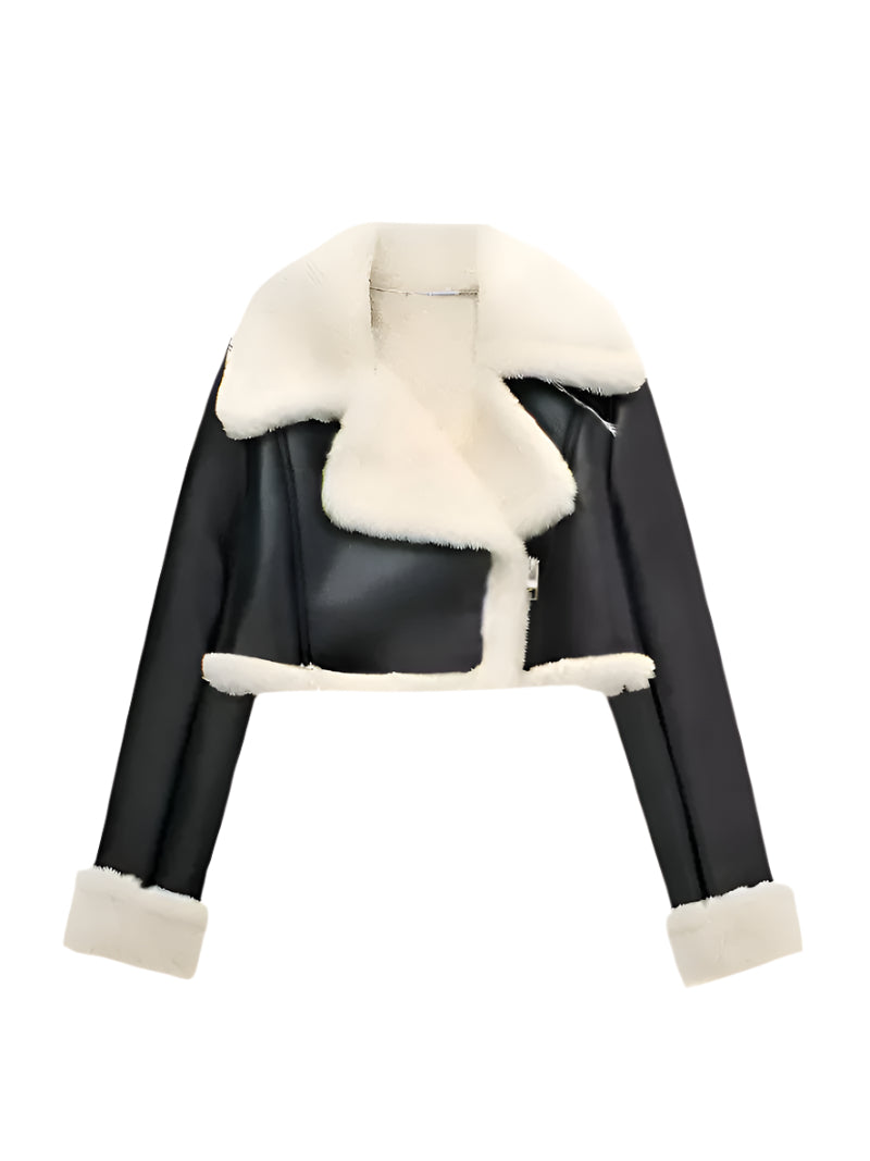 Skórzana kurtka z futrzanym kołnierzem – elegancka i ciepła-Jackets-Moda Perla-Czarny-XS-Moda Perla