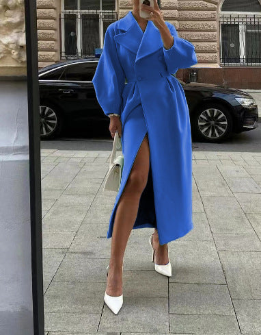 Stylowy Płaszcz dla Kobiet z Lanternowymi Rękawami i Kołnierzem-Trench Coats-Moda Perla-Niebieski-S-Moda Perla