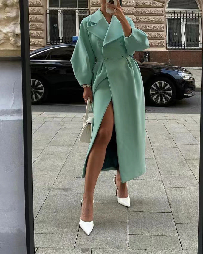 Stylowy Płaszcz dla Kobiet z Lanternowymi Rękawami i Kołnierzem-Trench Coats-Moda Perla-Zielony-S-Moda Perla