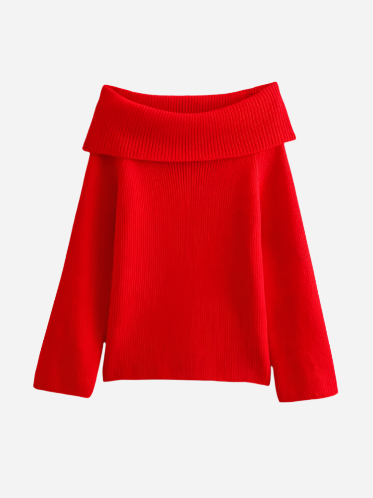 Stylowy Sweter Off-Shoulder z Nowoczesnym Wykończeniem-Sweaters-Czerwony-S-Moda Perla