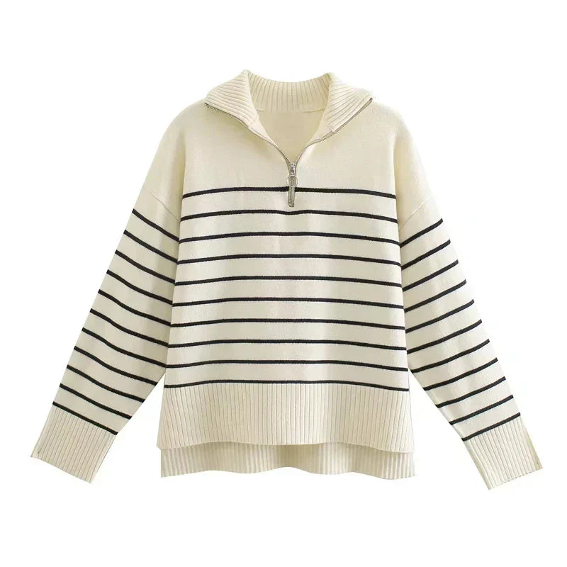 Stylowy Sweter w Paski na Wszystkie Pory Roku-Sweaters-Kremowy-S-Moda Perla