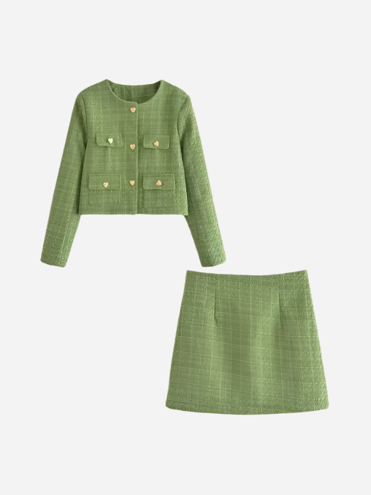 Stylowy Zielony Zestaw Tweedowy z Guzikami w Kształcie Serduszek – Wszechstronny-Sets-Zielony-XS-Moda Perla