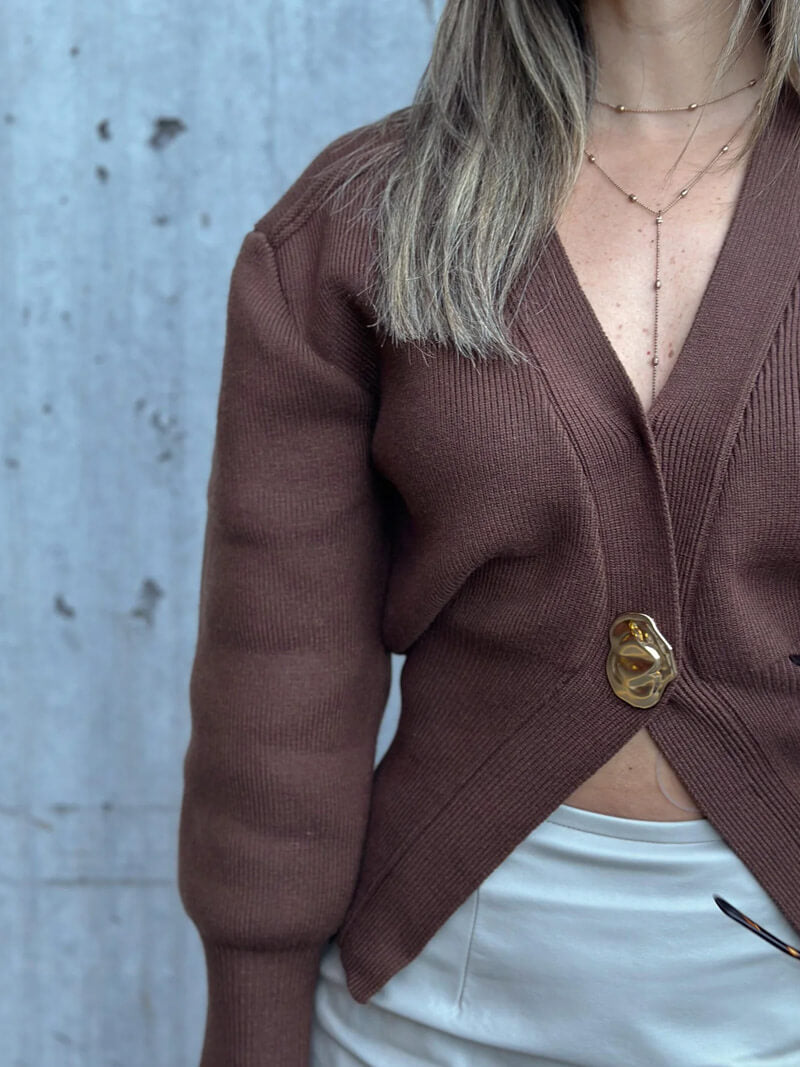 Sweter kardigan z detalem w kolorze złota-Cardigan-Moda Perla