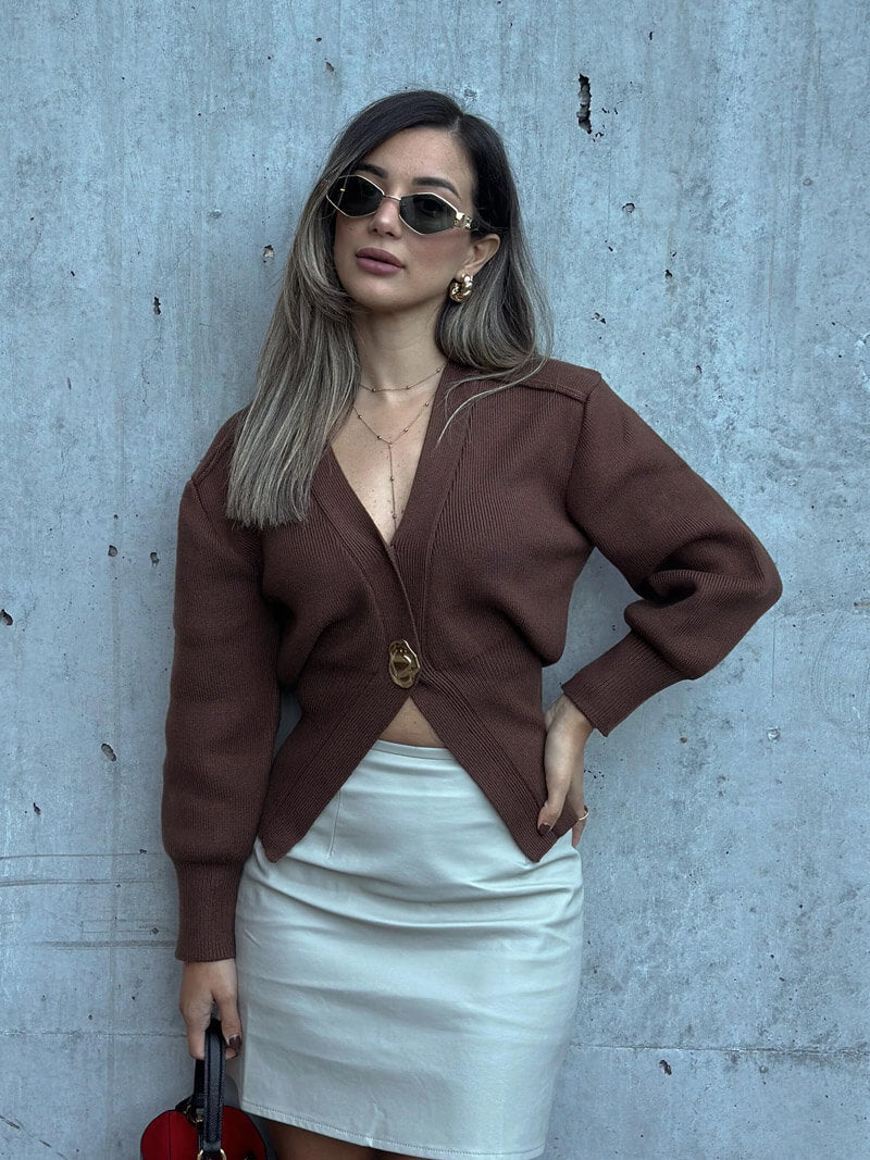 Sweter kardigan z detalem w kolorze złota-Cardigan-Moda Perla